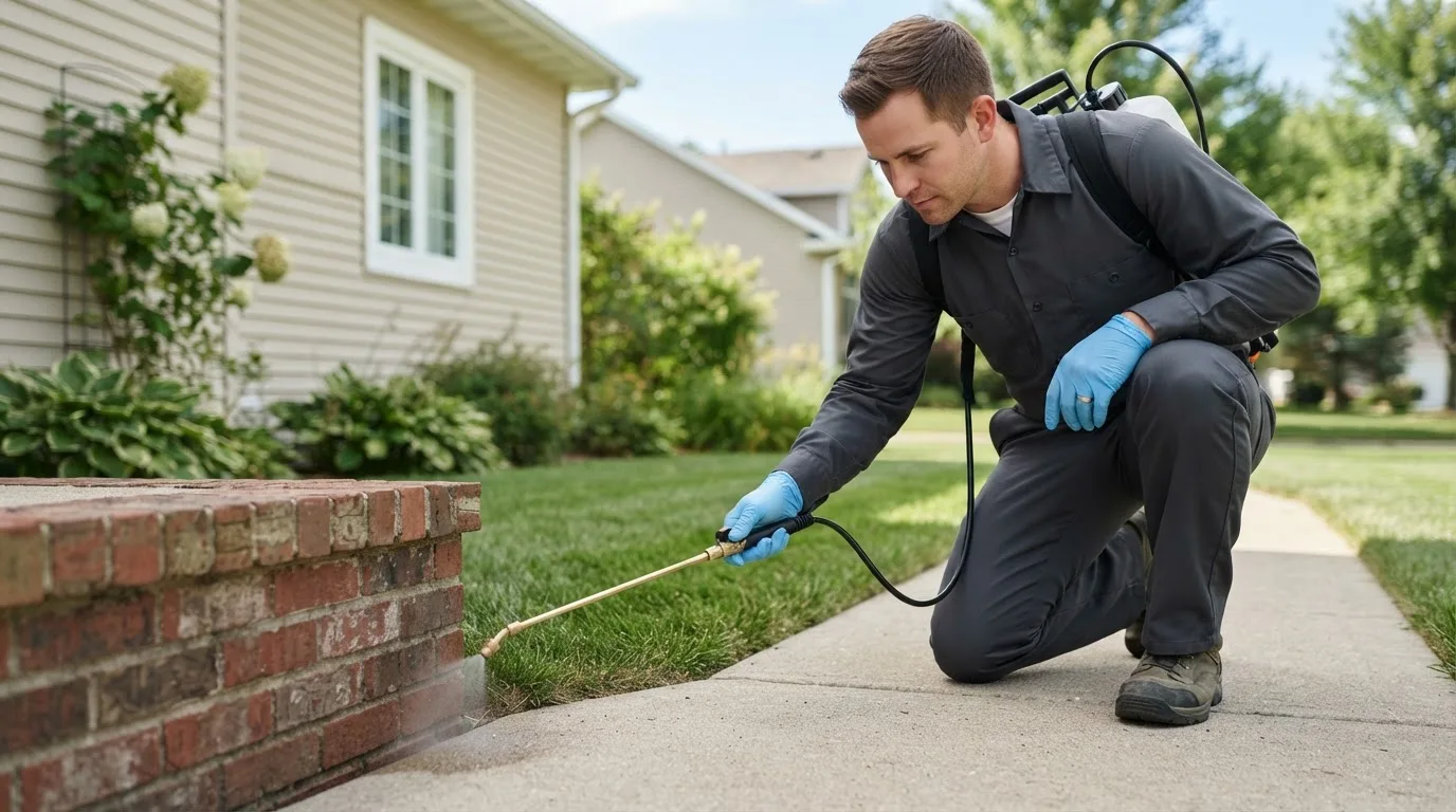 Pest control technician treating a home near Flora, LA